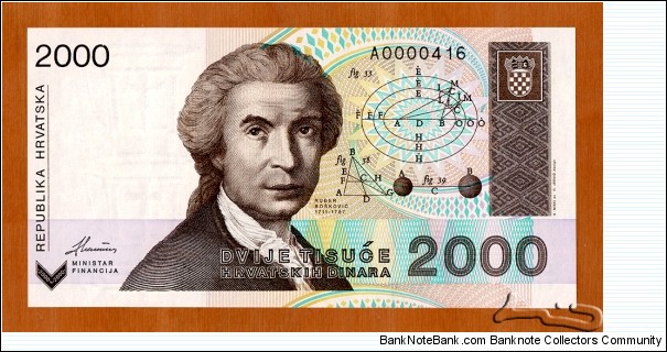 Croatia | 
2,000 Dinara, 1993 | 

Obverse: Mathematician, astronomer and physicist Ruđer Bošković (1711-1787), and Geomatric calculations | 
Reverse: Sculpture 