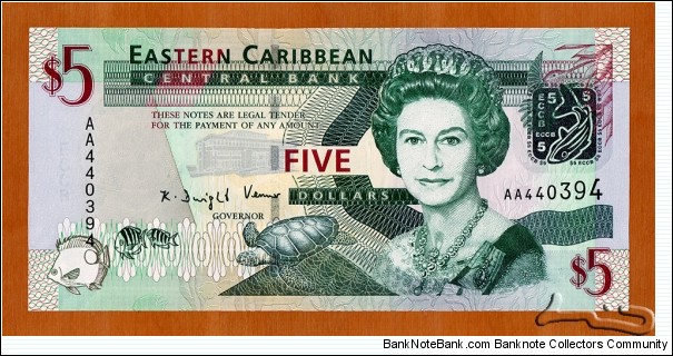 East Caribbean States | 
5 Dollars, 2008 | 

Obverse: Portrait of Queen Elisabeth II, ECCB building, Turtle, Green-throated Carib (Eulampis jugularis), and Fishes | 
Reverse: Admiral's House in Antigua & Barbuda, Map of the Eastern Caribbean islands, Trafalgar Falls in Dominica, and Fishes | 
Watermark: Queen Elisabeth II | Banknote