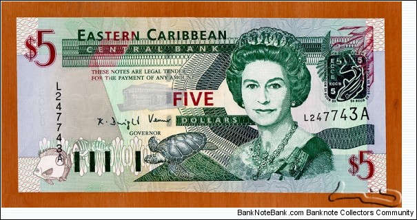 Antigua and Barbuda | 
5 Dollars, 2003 | 

Obverse: Portrait of Queen Elisabeth II, ECCB building, Turtle, Green-throated Carib (Eulampis jugularis), and Fishes | 
Reverse: Admiral's House in Antigua & Barbuda, Map of the Eastern Caribbean islands, Trafalgar Falls in Dominica, and Fishes | 
Watermark: Queen Elisabeth II | Banknote