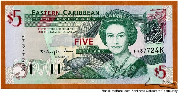 Saint Kitts and Nevis | 
5 Dollars, 2003 | 

Obverse: Portrait of Queen Elisabeth II, ECCB building, Turtle, Green-throated Carib (Eulampis jugularis), and Fishes | 
Reverse: Admiral's House in Antigua & Barbuda, Map of the Eastern Caribbean islands, Trafalgar Falls in Dominica, and Fishes | 
Watermark: Queen Elisabeth II | Banknote