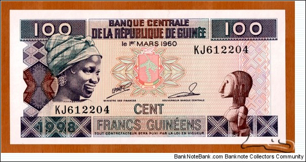 Guinea | 
100 Francs, 1998 | 

Obverse: Portrait of smiling woman, Carved statuette of a nude African female, and Coat of Arms | 

Reverse: Banana harvesting, and Carving of an African woman carrying load on top of her head | Banknote