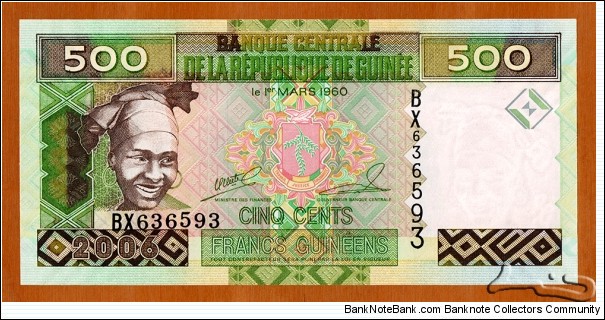 Guinea | 
500 Francs, 2006 | 

Obverse: Portrait of smiling woman, drum, and and Coat of Arms | 

Reverse: Conveyor in a mining facility | 

Watermark: Smiling woman | Banknote
