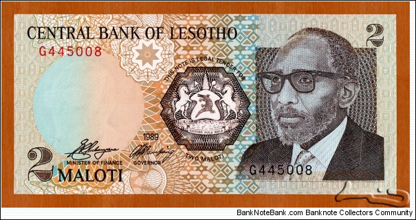 Lesotho | 
2 Maloti, 1989 | 

Obverse: Bust of  Moshoeshoe II (1938-1996), and National Coat of Arms | 
Reverse: Hous in shape of Mokorotlo (A straw hat used for traditional Sotho clothing, and is the national symbol of Lesotho), and Waving flag of Lesotho | 
Watermark: King Moshoeshoe II | Banknote