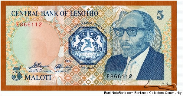 Lesotho | 
5 Maloti, 1989 | 

Obverse: Bust of  Moshoeshoe II (1938-1996), and National Coat of Arms | 
Reverse: Maletsunyane Falls | 
Watermark: King Moshoeshoe II | Banknote