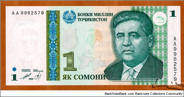 Tajikistan | 
1 Somonī, 2000 | 

Obverse: Portrait of Mirzo Tursunzoda (1911-1977), was a Tajikistani poet and political figure, Orange earth globe, and Map of Tajikistan | 
Reverse: National Bank of Tajikistan building in Dushanbe, and National flag of Tajikistan | 
Watermark: Mirzo Tursunzoda | Banknote