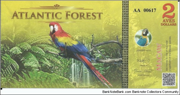 ATLANTIC FOREST - 2 Aves Dollars - pk 2b - Polymer  Banknote