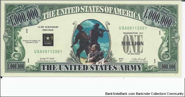 1.000.000 Dollars - The United States Army - pk# NL - ACC American Art Classics - Not Legal Tender  Banknote