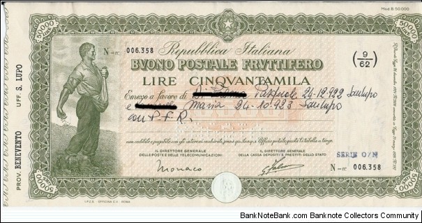 50.000 Lire - Buono Fruttifero Postale - Prov.Benevento - Uff. S. Lupo -pk NL  Banknote