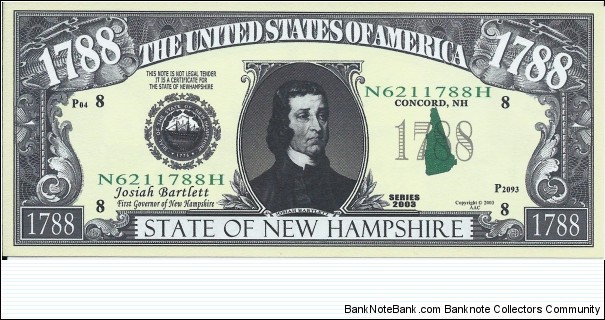 1788 - State Of New Hampshire - The U.S Civil War - pk# NL - ACC American Art Classics - Not Legal Tender  Banknote