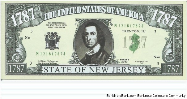 1787 - State Of New - Jersey - pk# NL - ACC American Art Classics - Not Legal Tender  Banknote
