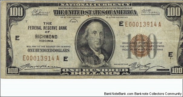 USA 100 Dollars
1929 
National Currency  Banknote