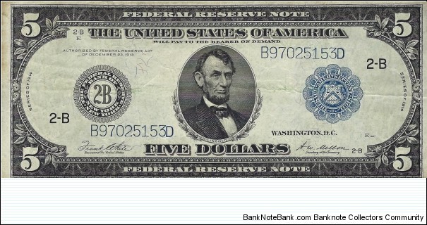 USA 5 Dollars
1914
Federal Reserve Note Banknote
