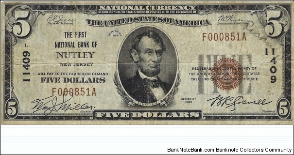 USA 5 Dollars
1929
National Currency
(The First National Bank of Nutley) Banknote