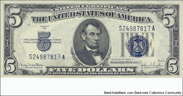 USA 5 Dollars
1934D
Silver Certificate Banknote