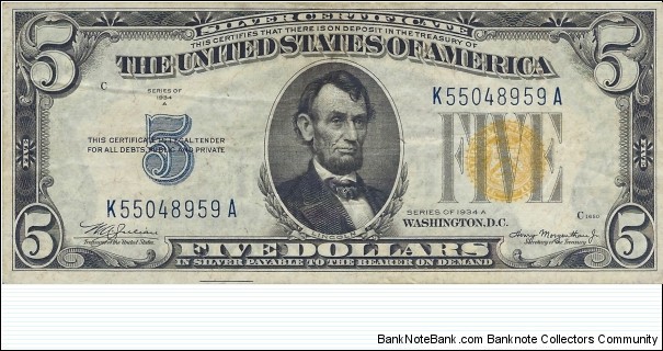 USA 5 Dollars
1934A
Silver Certificate
(North Africa) Banknote