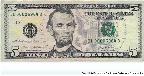 USA 5 Dollars
2006
Federal Reserve Note Banknote