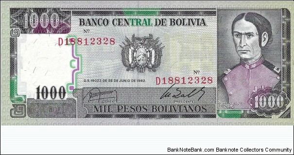 BOLIVIA 1000 Pesos Boliviano
1982 Banknote