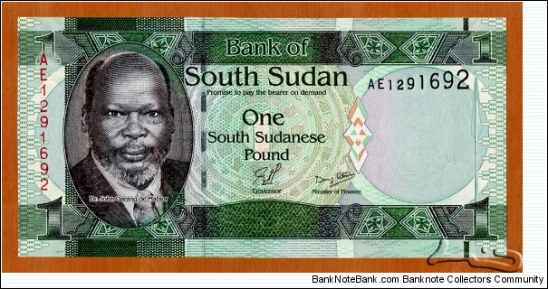 South Sudan | 
1 Pound, 2011 | 

Obverse: Portrait of Dr. John Garang de Mabior (1945-2005), was a Sudanese politician and revolutionary leader, and Dinka warrior spear | 
Reverse: A herd of giraffes | 
Watermark: Dr. John Garang de Mabior, Electrotype '1' and Cornerstones | Banknote