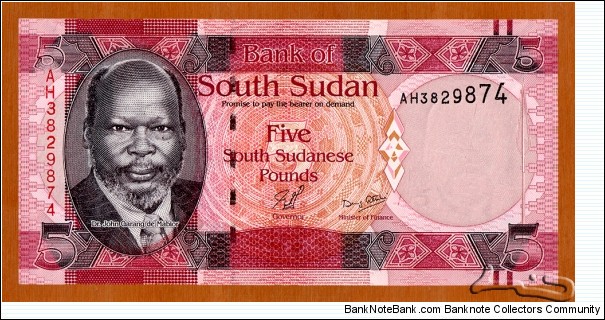 South Sudan | 
5 Pounds, 2011 | 

Obverse: Portrait of Dr. John Garang de Mabior (1945-2005), was a Sudanese politician and revolutionary leader, and Dinka warrior spear | 
Reverse: Sanga Juba cattle of the Dinka people | 
Watermark: Dr. John Garang de Mabior, Electrotype '5' and Cornerstones | Banknote