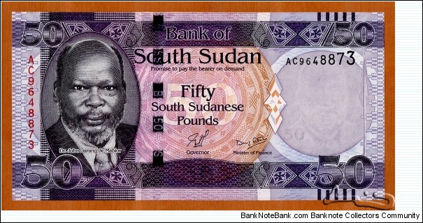 South Sudan | 
50 Pounds, 2011 | 

Obverse: Portrait of Dr. John Garang de Mabior (1945-2005), was a Sudanese politician and revolutionary leader, and Dinka warrior spear | 
Reverse: Elephants | 
Watermark: Dr. John Garang de Mabior, Electrotype '50' and Cornerstones | Banknote
