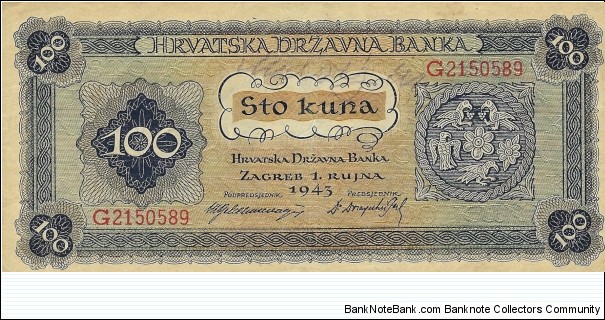 CROATIA 100 Kuna
1943 Banknote