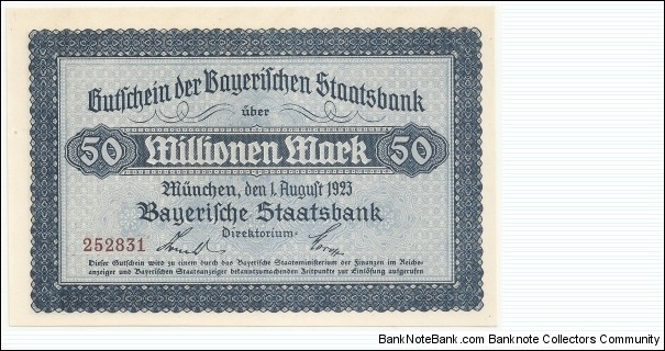 Germany-Bayerische Staatsbank 50 Million Mark 1923 Banknote