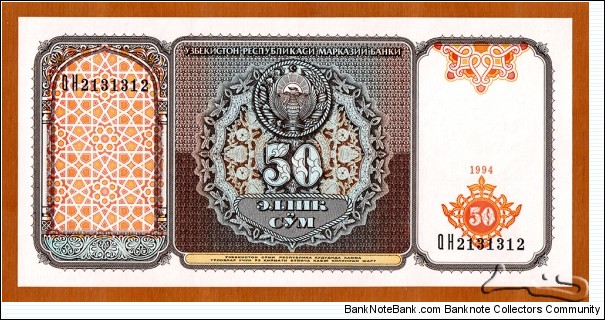 Uzbekistan | 
50 So‘m, 1994 | 

Obverse: National emblem, and National ornaments | 
Reverse: The three Madrasas (Madrasa is a type of educational institution for elementary instruction or higher learning) of the Registan Square in Samarkand | 
Watermark: National Coat of Arms | Banknote