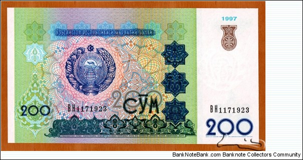 Uzbekistan | 
200 So‘m, 1997 | 

Obverse: National emblem, National ornaments, and Eight-angled stars | 
Reverse: Sunface over mythological tiger mosaic on Sher-Dor Madrasa portal at Registan Square in Samarkand | 
Watermark: National Coat of Arms | Banknote