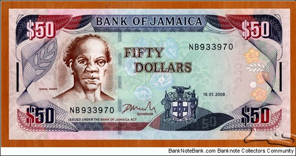 Jamaica | 
50 Dollars, 2008 | 

Obverse: Portrait of Samuel Sharpe (aka Sam Sharpe) (1801-1832), is a National Hero of Jamaica and was an enslaved African Jamaican man who was the leader of the widespread 1832 Baptist War slave rebellion (aka the Christmas Rebellion), and the flowers Morning glory (Ipomoea) and Shrubby Cinquefoil (Dasiphora fruticosa) | 
Reverse: View of Doctor's Cave Beach in Montego Bay | 
Watermark: Samuel Sharpe, Parrot, and Electrotype '50' | Banknote