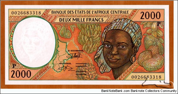 Chad | 
2,000 Francs, 2000 | 

Obverse: Portrait of African girl, Map of Central African States, and Tropical fruits | 
Reverse: Harbour scene | 
Watermark: African girl | Banknote