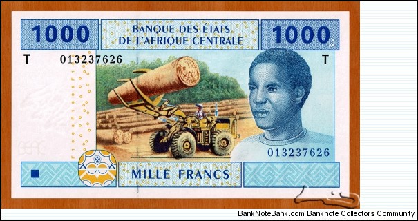 Congo, Republic of the | 
1,000 Francs, 2002 | 

Obverse: Portrait of Teenager, Forest exploitation by logging | 
Reverse: Mechanization of agriculture, and Cattle | 
Watermark: Three heads of antelope Kudu, and Electrotype 'BEAC' | Banknote