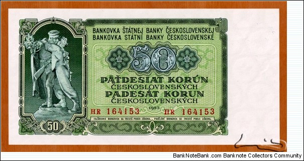 Czechoslovak Republic | 
50 Korún, 1953 | 

Obverse: Statue of Brotherhood in Česká Třebová (Böhmisch Trübau) in eastern Czech Republic | 
Reverse: City view of Banská Bystrica in Slovakia, and National Coat of Arms | Banknote