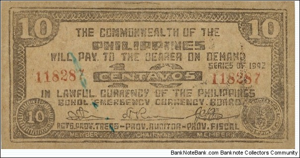 PHILIPPINES  10 Centavos
1942
Bohol Emergency Currency Banknote