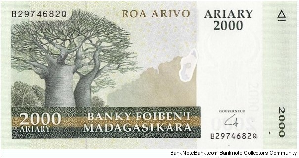 
2,000 Ar - Malagasy ariary

Material: hybrid substrate (paper covered with polymer). Banknote