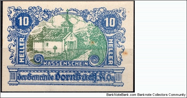Dornbach, Vienna. 10 Heller Notgeld Banknote