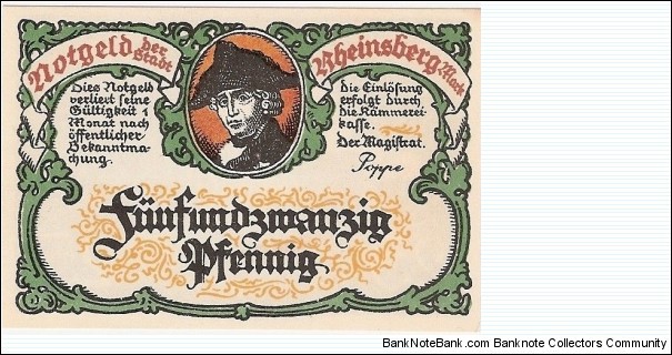 1920-21 25 Pfennig  Rheinsberg Banknote