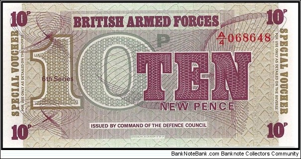10 New Pence (GBP)
6th Series
British Armed Forces 10 New Pence Uncirculated Banknote
- Issued to troops in foreign countries
- Defence Force Issue
These British Armed Forces notes were issued to troops serving in foreign countries.
The British Armed Forces issued their own banknotes between 1946 - 1972.
The special design meant the notes were only valid within the occupied are and could not be captured and used to determine the occupying nation’s currency.
To enable tracking of the notes they were all serial numbered and the printer was the highly respected Bradbury, Wilkinson and Co.
These notes come from a hoard that was discovered in the British Ministry of Defence more than a two decades ago.
Dimensions : 127mm x 64mm
Series A/4 00825 Banknote