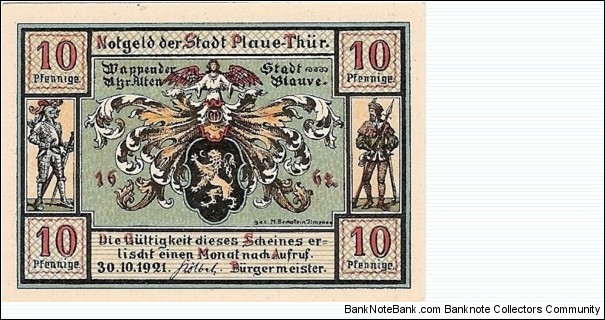 Plaue-Thur 10 Pfennig Banknote