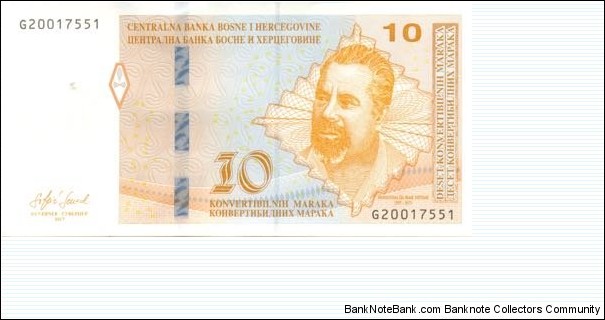 10 KM - Bosnia and Herzegovina convertible

Bank name and denomination in Latin letters on top. (Croatian issue).
Signature: Senad Softić (Govenor). Banknote