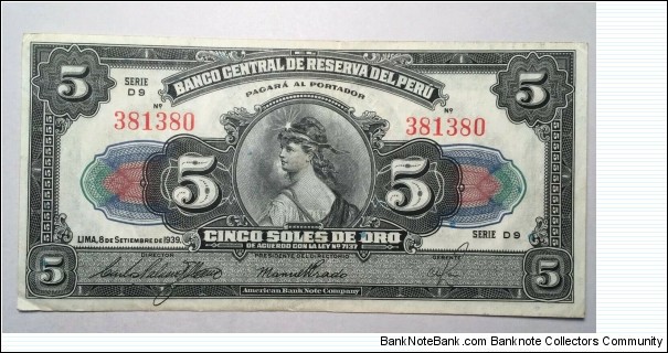 5 Sol de Oro PERU RESERVE BANK  Banknote
