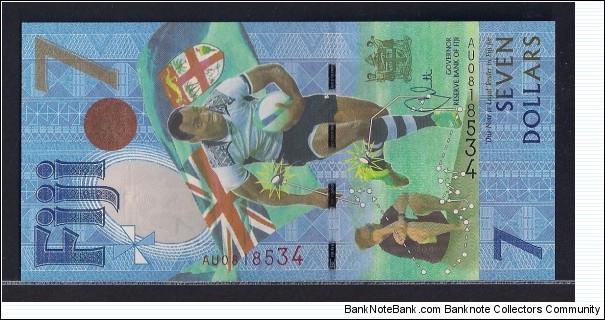 $7 Polymer. Rugby 7s Olympic Gold Medal Commemorative issue banknote. Fiji's first and only Olympic medal.  Banknote