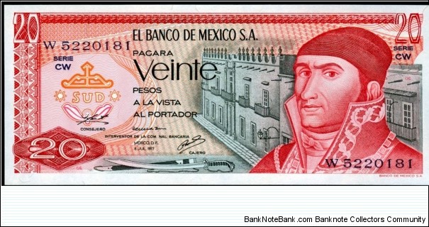 20 $ - Mexican peso
Red guilloche at upper left on back
Front: J. Morelos y Pavon at right with building in background, bank title with S. A. 3 signatures and signature varieties. Back: Pyramid of Quetzalcoatl. Banknote