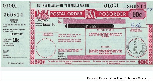 Lesotho 1977 10 Cents postal order.

Issued at Maseru. Banknote
