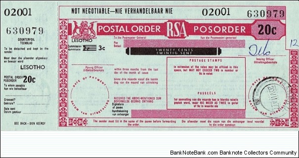Lesotho 1977 20 Cents postal order.

Issued at Maseru. Banknote