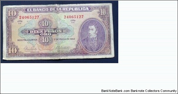 BANKNOTE COLOMBIA 10 PESOS ORO 1963 SERIE EE P389-CO 519 FOR SALE Banknote