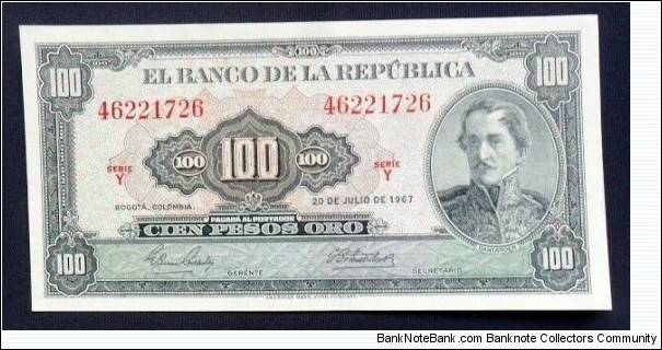 BILLETE 100 PESOS ORO 1967 P 403c SERIE Y 46221726 REF CO-521 FOR SALE $us 50 SHIPPING ONLY WITHIN USA Banknote
