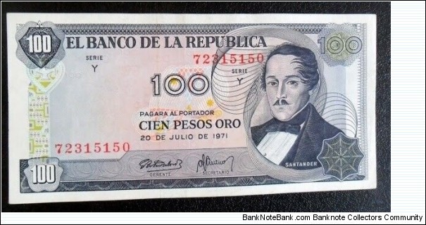 BANKNOTE COLOMBIA 100 PESOS 20 Jul 1971 8 Digitos REF CO-516 FOR SALE  Banknote