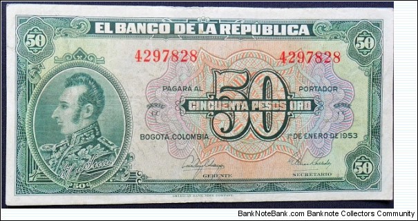 COLOMBIA 50 Pesos 1953 P393d VF+7 SOLD DIGITD CO-536 FOR SALE-SOLD Banknote