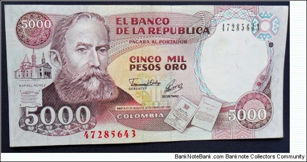 COLOMBIA 5000 5,000 PESOS 3-1-1992 UNCIRCULATED P.436A RAFAEL NUNEZ CO 535-2 FOR SALE Banknote