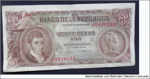 COLOMBIA BANKNOTE 20 PESOS 1961 P#402 SERIE O COD # 535 FOR SALE Banknote